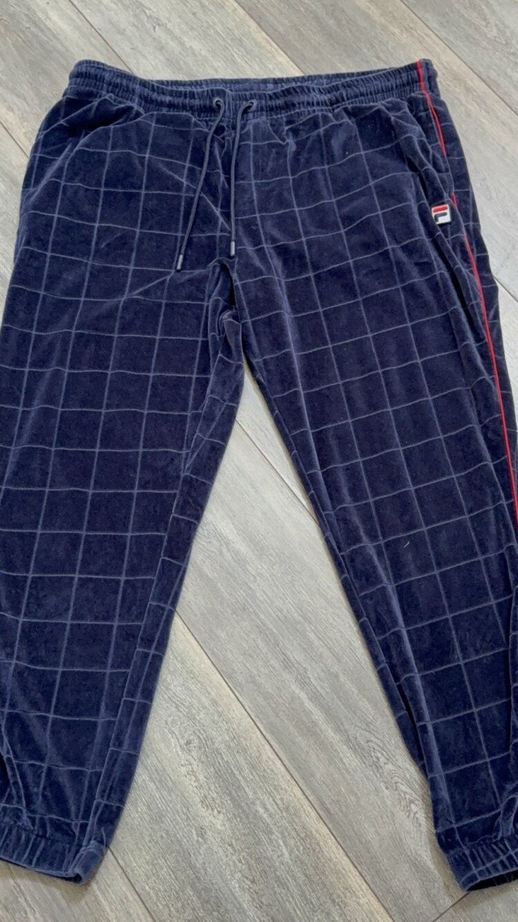 Vintage Mens Fila Ivy League Jaquard Velour Track Pants Blue Size XXL Joggers